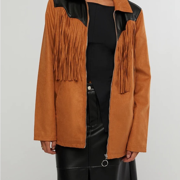 WeWoreWhat Jackets & Blazers - WeWoreWhat Tan Fringe Leather Jacket with Black Yoke